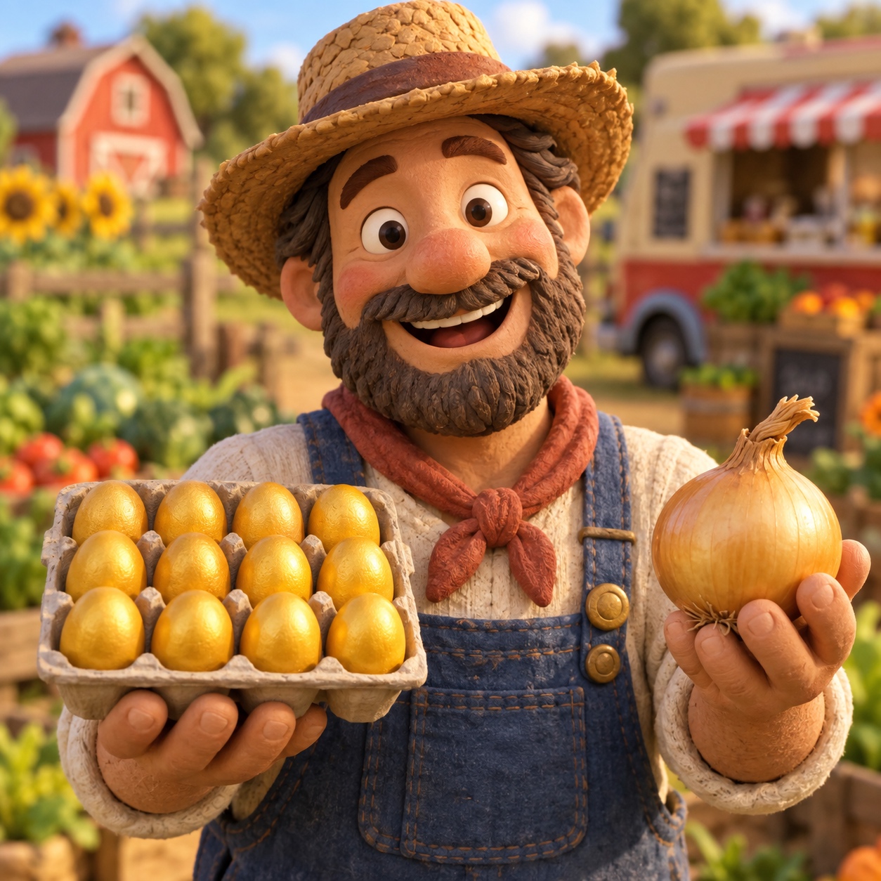 A smiling farmer welcomes players with a carton of twelve Golden Eggs and an onion.