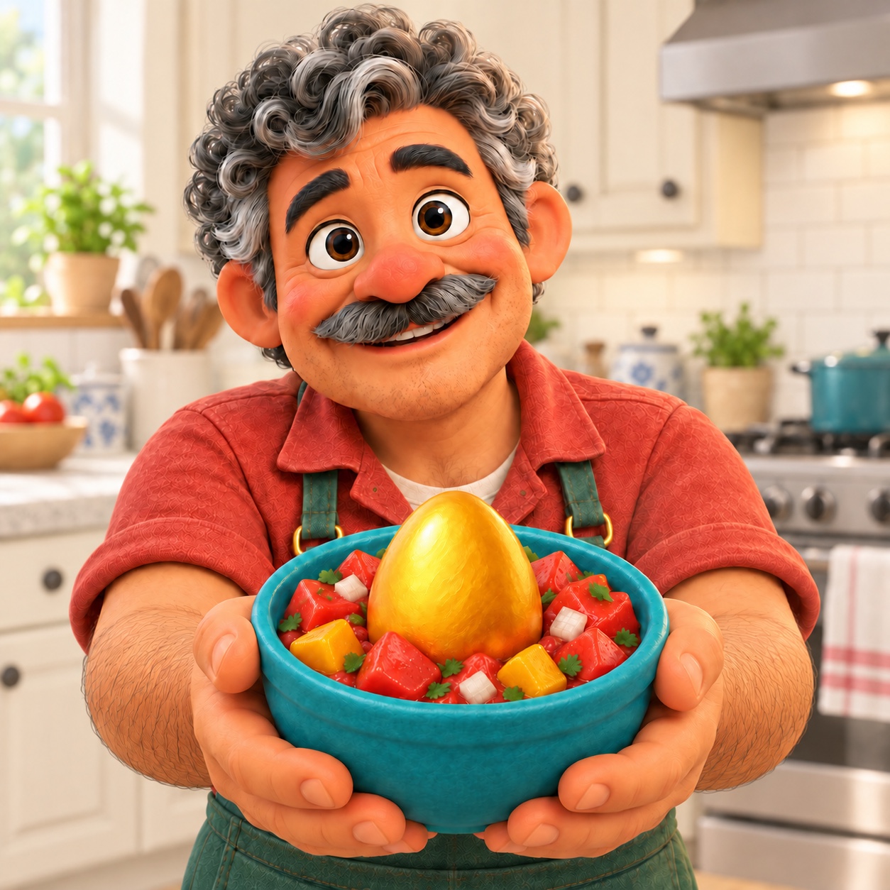 Papa offers a teal bowl of salsa with a Golden Egg in a bright kitchen.